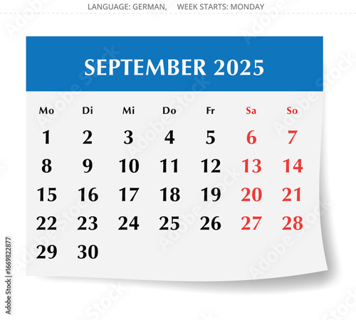 German calendar for september 2025. Vector illustration of autumn month page for Germany