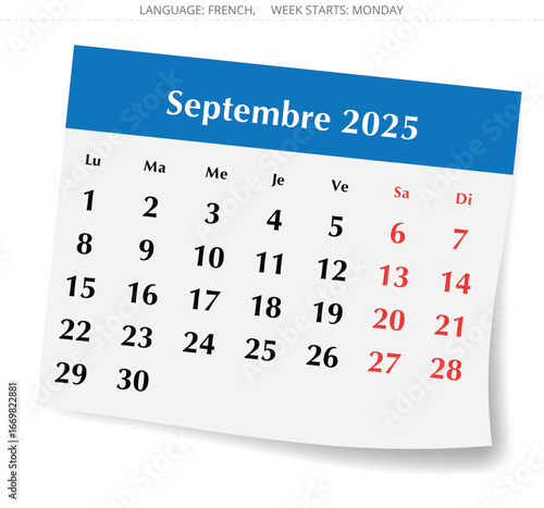 French calendar for september 2025. Vector illustration of winter month paper page for France - septembre calendrier