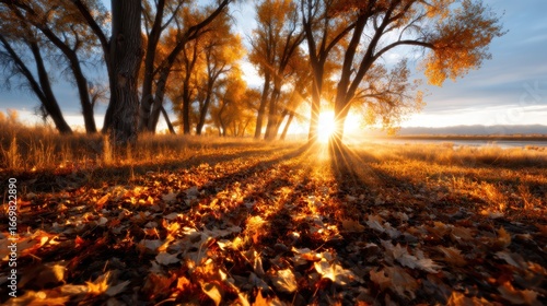 Wallpaper Mural A breathtaking autumn scene as the sun sets, casting golden light through vibrant foliage, creating an enchanting effect of shadows and colors in nature's artwork. Torontodigital.ca