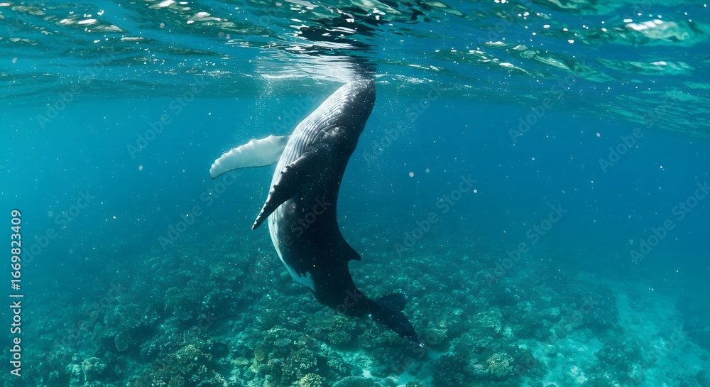Fototapeta premium Whale upright underwater ocean reef