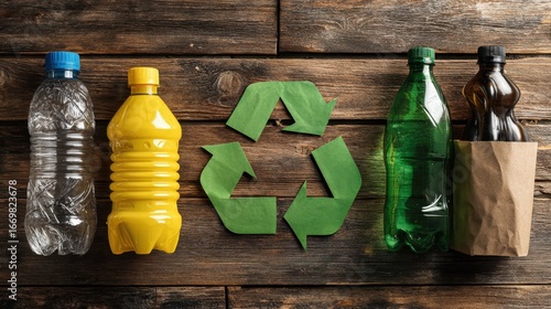 Recycling symbol and different garbage on wooden background, top view.