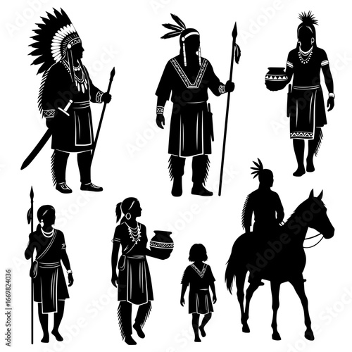 Group Of Native American Figures In Traditional Attire With Spear, Pot, And Horse Silhouettes Historic