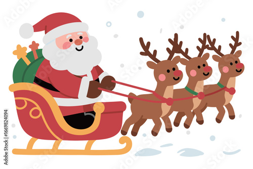Santa Claus in his Sleigh, pulled by Reindeer, delivering gifts for Christmas