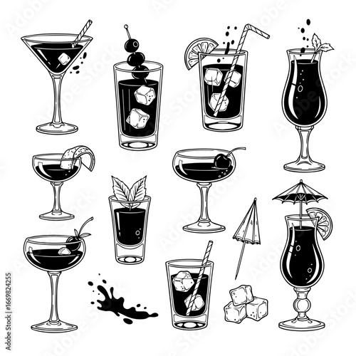 Vector illustration of assorted drink icons including wine beer champagne and cocktail glasses for bar or restaurant use