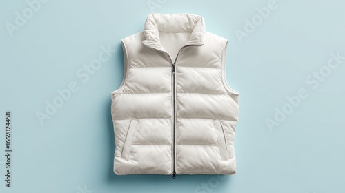 Sleeveless waistcoat down jacket with a zip-up front. White puffer vest mockup .