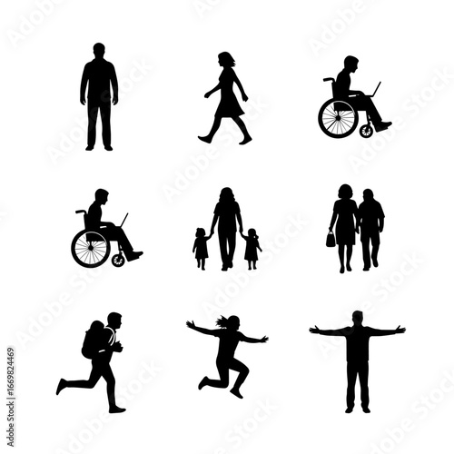 Silhouette of people in sports and dance vector illustration with family and fashion elements