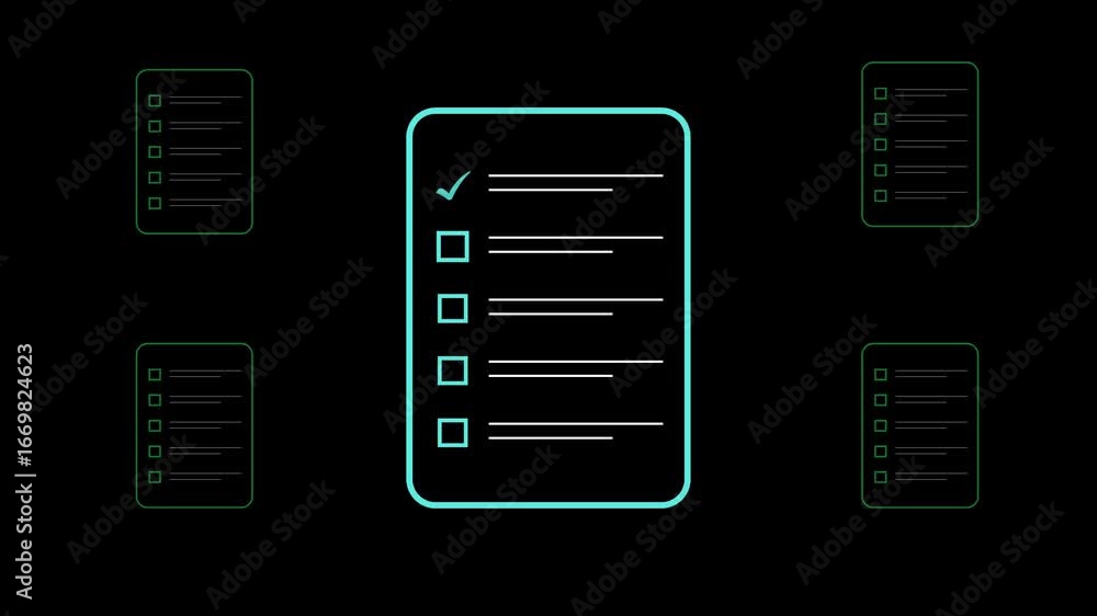 Animated checklist with green checkmarks in square boxes. Task ...