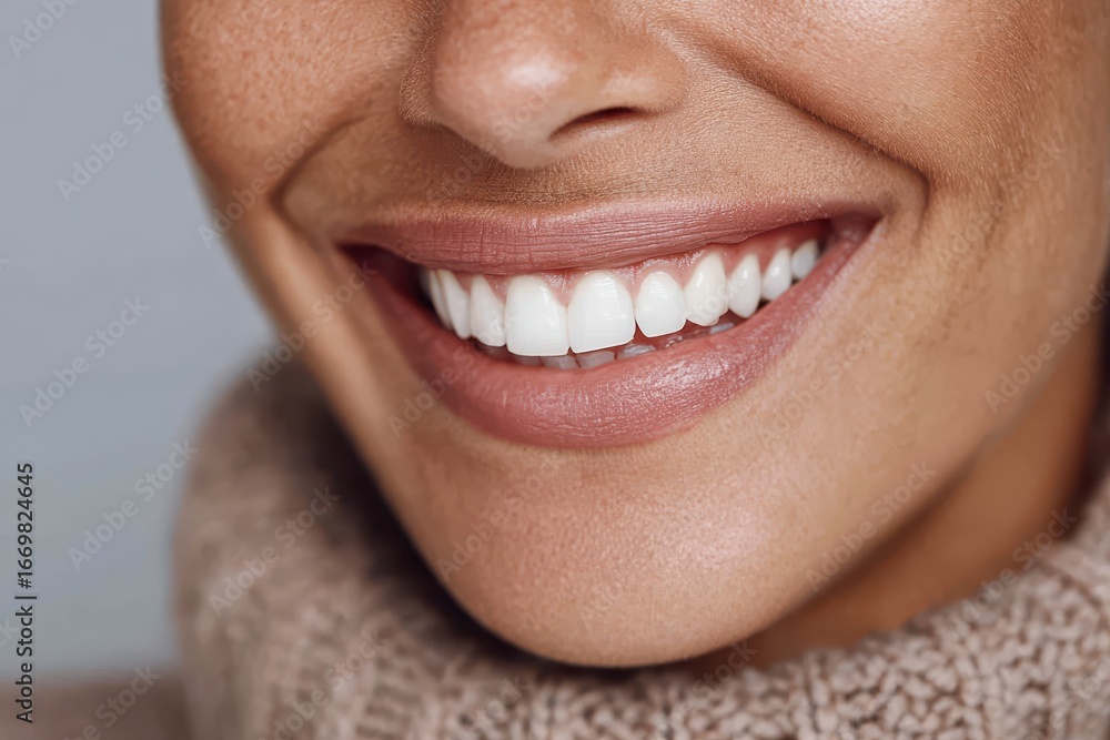Fototapeta premium Close-up of a woman smiling, showing healthy, straight, and sparkling white teeth. Use this image to promote dental hygiene or cosmetic dentistry services.