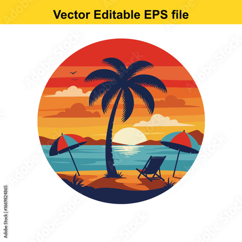 Tropical beach sunset with palm tree, beach chair, and umbrellas