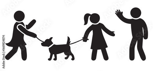 People with dogs vector silhouette set person giving dog high five child walking dog on leash couple holding hands walking small pet black icons isolated on white background