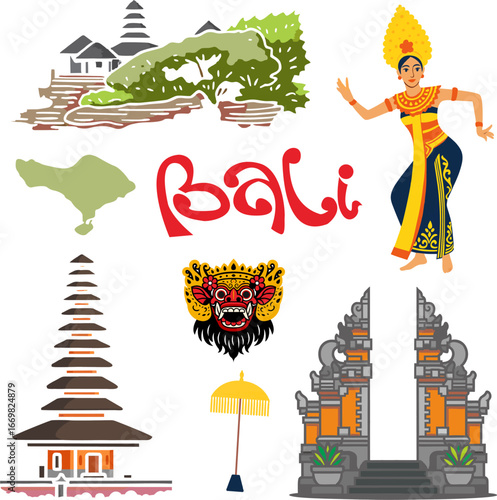 Vector illustration set of Balinese cultural icons including temple, Barong mask, dancer, split gate, umbrella, and Bali typography