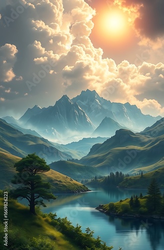 Mystical Fantasy Scene with Vibrant Colors, Misty Atmosphere, and Depth
