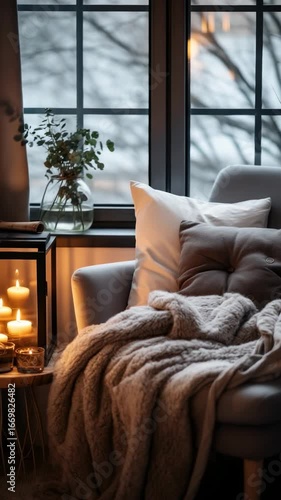 Cozy autumn evening in a warm living room with soft blankets and glowing candles near a window