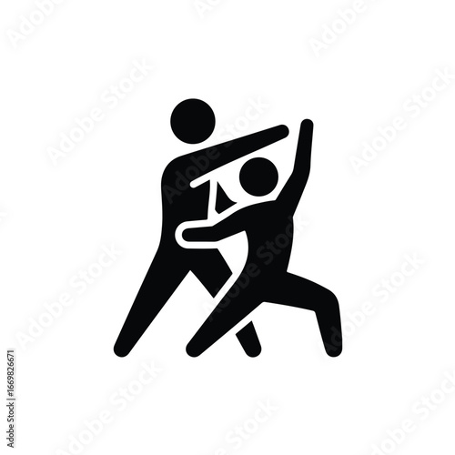 Illustration of silhouette of two people in a dynamic pose, possibly dancing or martial arts, isolated on white background