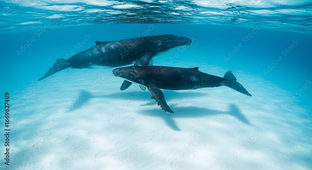 Fototapeta premium Three whales swimming underwater