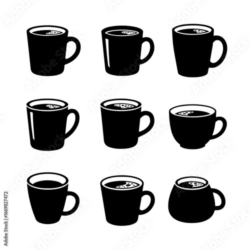 Coffee Cup Collection: A minimalist arrangement showcases an array of dark coffee cups, each unique, yet united by their potential for a warm, invigorating beverage. Each cup.