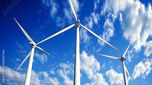 Three wind turbines against a vibrant blue sky with puffy white clouds