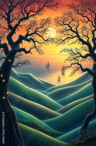Mystical Fantasy Landscape with Emerald Hills, Twinkling Lights, and Serene Lake