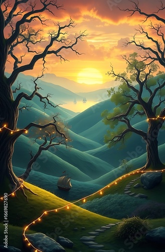 Enchanted Fantasy Background Featuring Sailboats, Golden Skies, and Dreamlike Forests