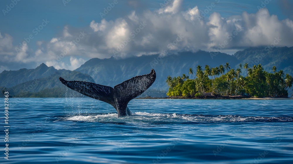Fototapeta premium Whale tail emerging from ocean