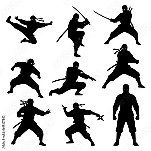 Vector art of silhouettes of a karate practitioner in various fighting stances and moves	