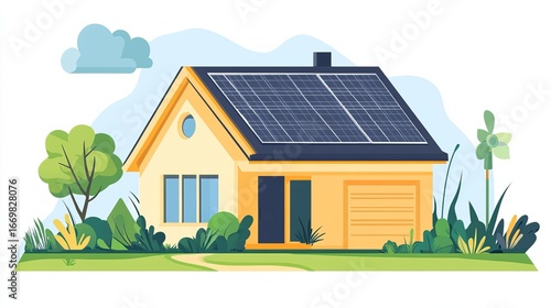 Small yellow house with solar panels on roof, greenery and clouds