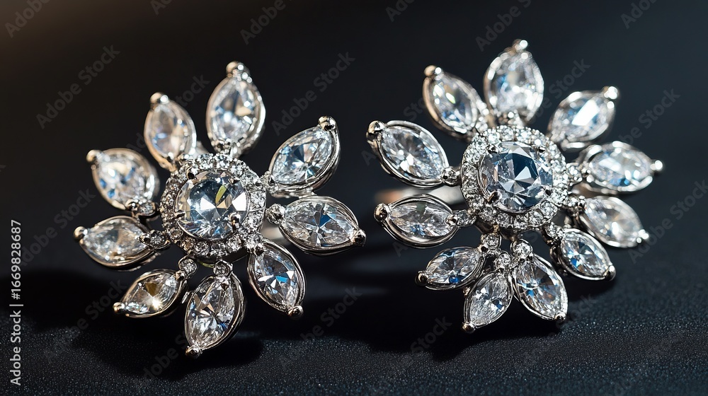 Fototapeta premium Close-up of elegant diamond earrings on dark background