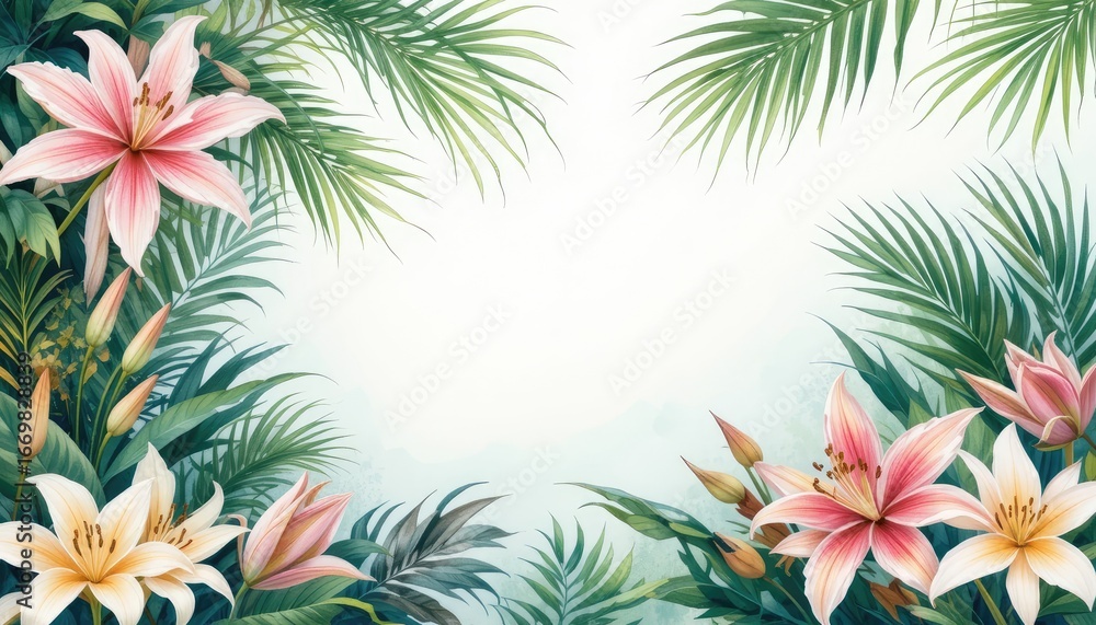 Naklejka premium Tropical flower frame with green leaf