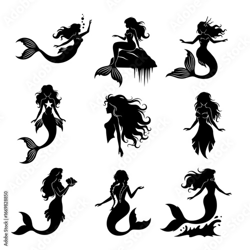 Mermaid Silhouette Collection: A captivating set of elegant silhouette images of mermaids, each poised with unique gestures, bringing the mythical underwater world to life.
