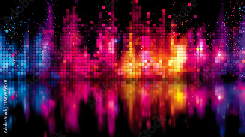 A colorful abstract background with a reflection of a city in the water