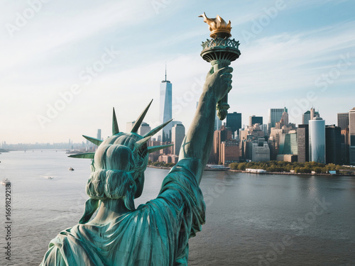 Rear view of the Statue of Liberty holding the torch with the Manhattan skyline and One World Trade Center in the background. This iconic landmark in New York Harbor symbolizes freedom and democracy