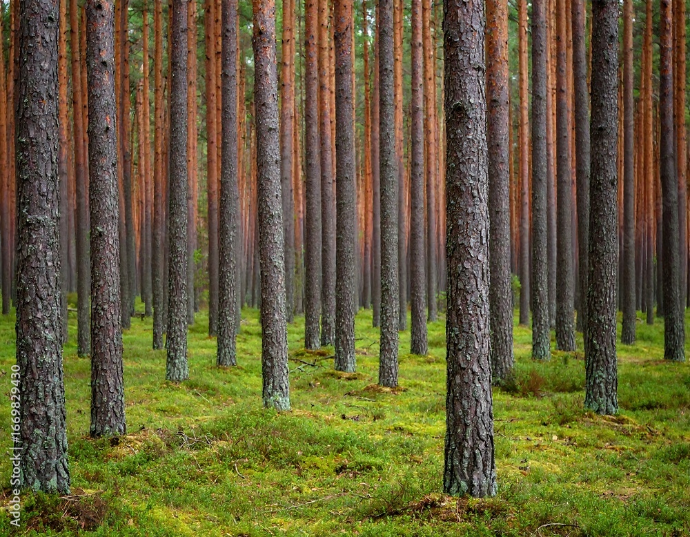 Obraz premium Pine trees in a dense forest