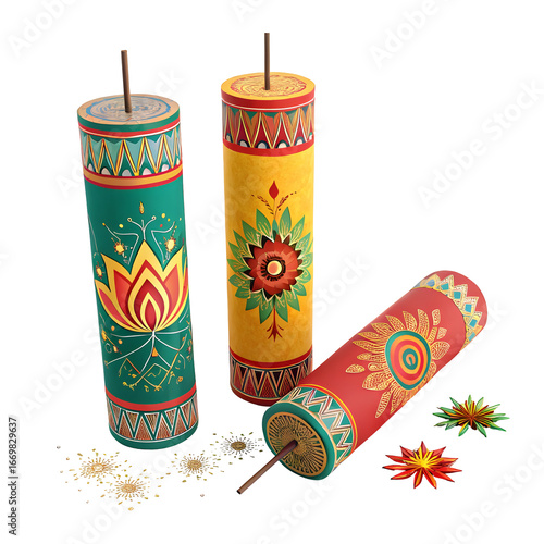 Three Ornate Cylindrical Diwali Firecrackerswith Floral Designs Red Yellowand Green Colors Isolatedon Black Background Sparkler Trail
