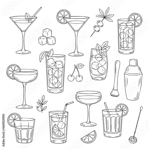 Cocktails set. Alcoholic cocktails icons. Martini cocktail. Set includes martini, mojito, whiskey, wine. Drink glass sign. Icons set for restaurant, pub, bar. Vector illustration