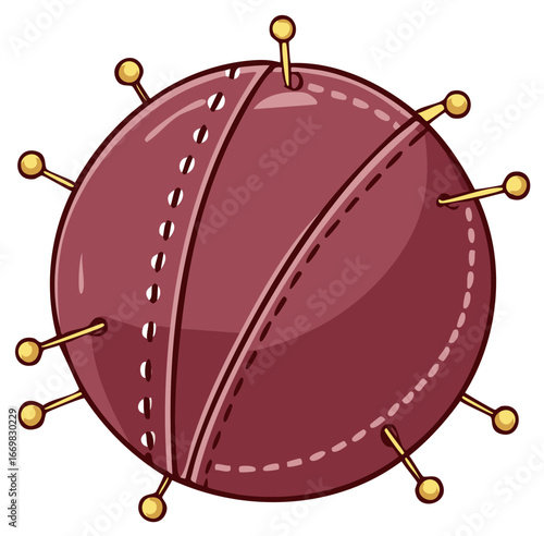 Cartoon illustration of a maroon pincushion with pins, stitching details