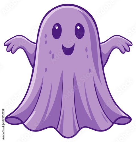 Charming cartoon-style violet ghost with a delightful smile, arms outstretched, adding playful allure to festive themes.