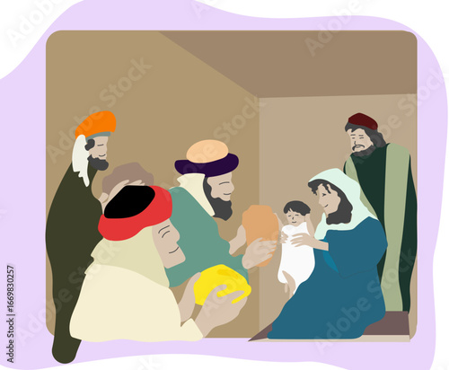 Three Kings Visit to Jesus presented gifts of Gold, frankincense, and myrrh to baby Jesus