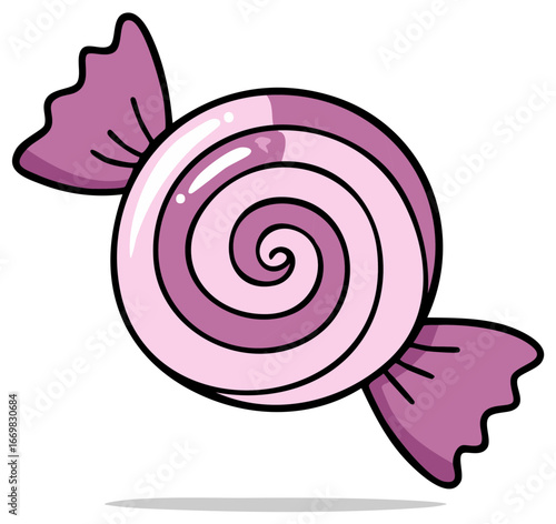 Cartoon illustration of a pink and purple swirl hard candy in a twisted wrapper