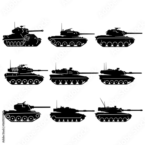 Set of Nine Black Tank Silhouettes in Various Approaching Angles	