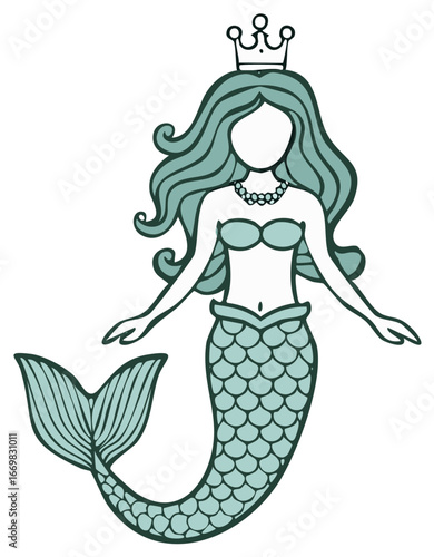 Elegant Mermaid Queen Illustration with Crown, Scales, and Flowing Hair in Sea Green