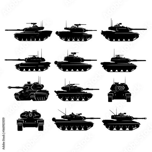 Set of Nine Black Tank Silhouettes in Various Approaching Angles	