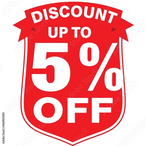 A bold red discount badge offering up to 5 off, isolated on white background, perfect for promotional materials