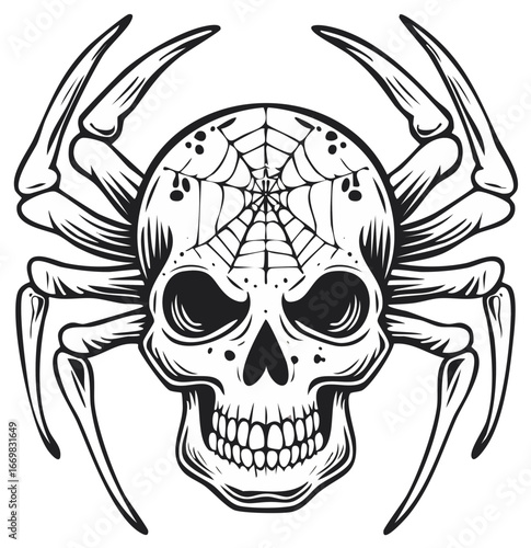 Creepy spider skull hybrid with a web on its forehead black and white tattoo style illustration