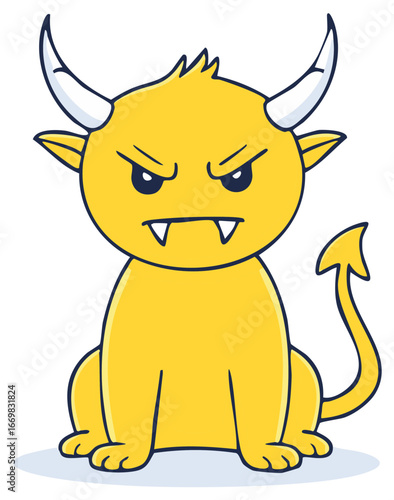 Cartoon yellow monster with horns, fangs, tail, angry expression, sitting pose.