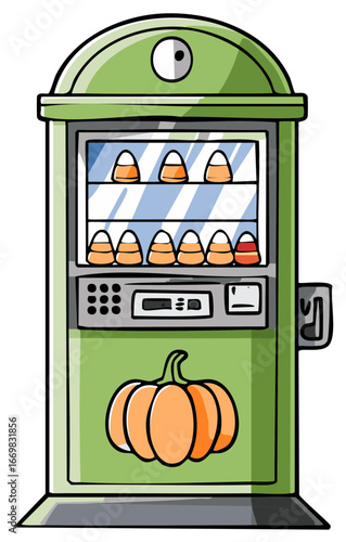 Cartoon vending machine illustration with pumpkins and candy corn.