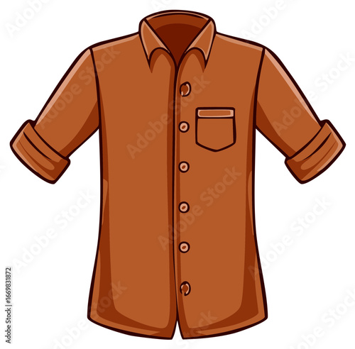 Simple brown casual shirt with rolled sleeves and a front chest pocket cartoon illustration