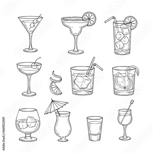 Coquetéis tropicais desenhos minimalistas de giz de cera. Coleção moderna de bebidas simples . Paloma, Long Island, Lagoa Azul, Aperol spritz. ilustração Setor para bares, cafés e restaurantes.