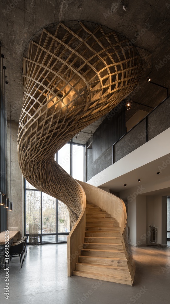 Obraz premium Spiral wooden staircase, complex latticework