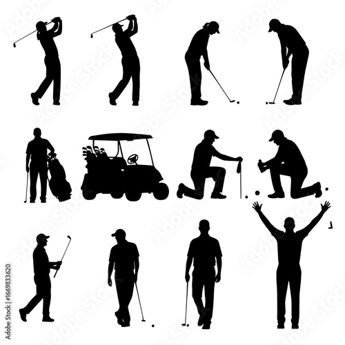 Golf in Silhouette: A collection of various golf silhouettes showcases a diverse range of golfing actions and stances, capturing the sport's grace and skill.