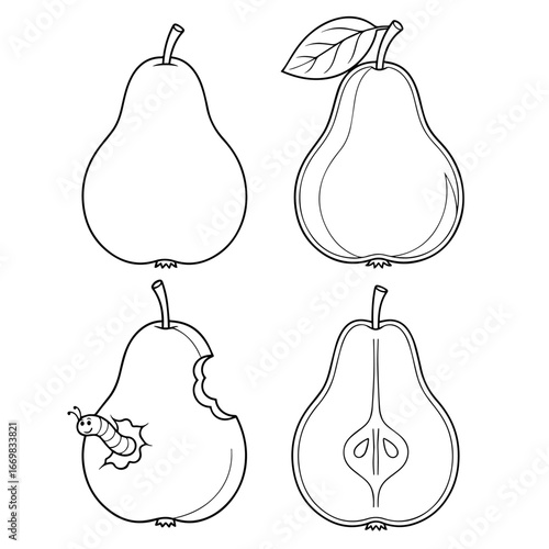 Pear Evolution: A series of four illustrative depictions of a pear, each showcasing a different stage of its existence from whole to partially consumed, offering a unique perspective on the fruit.